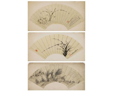Three Chinese fan paintings, 18th/19th century, painted with orchids or a landscape, ink on paper, comprising: one signed Qiu