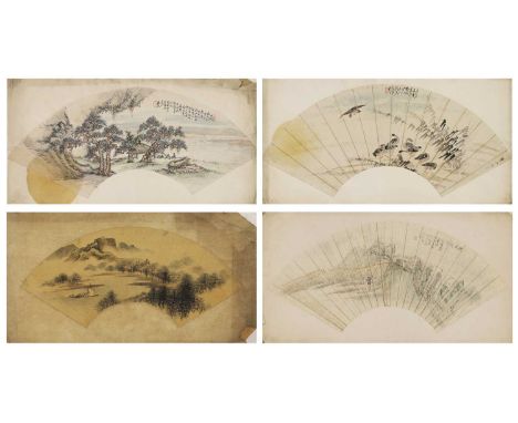 Four Chinese fan paintings, 19th/20th century, painted with landscapes or ducks, ink and colour on paper, comprising:one sign
