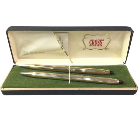 THREE FOURTEEN-CARAT GOLD ROLLED PENS, AND OTHER ITEMS comprising three boxed Cross pens, two other Cross pens, two vintage K