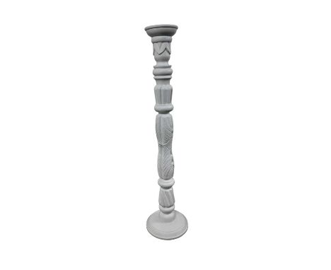 CARVED FLOOR STANDING CANDLEHOLDER, ALONG WITH A SMALLER PAIR each painted in whitetallest 107cm highQty: 3