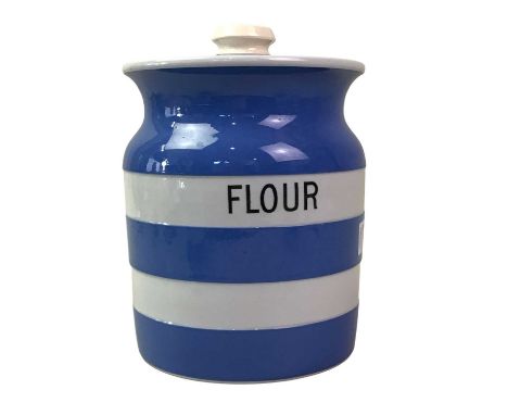 T.G. GREEN, GROUP OF FOUR CORNISH WARE JARS, each of cylindrical form, with stamped mark to base, two with lidslargest 19cm h
