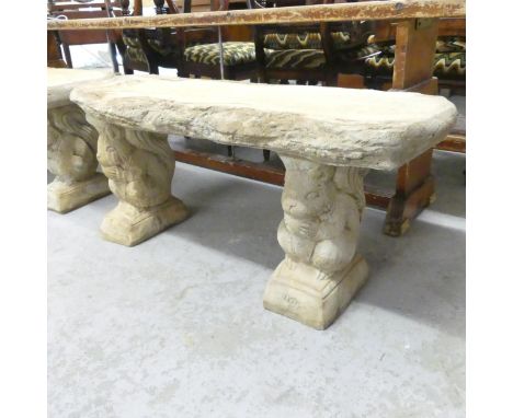 A modern concrete three section garden bench with squirrel supports. 100x42x36cm 