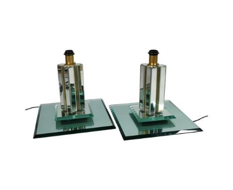A pair of vintage Hollywood regency style side lamps, mirror glass around brass stem and ebonised base, 41cm sq, height 40cm 