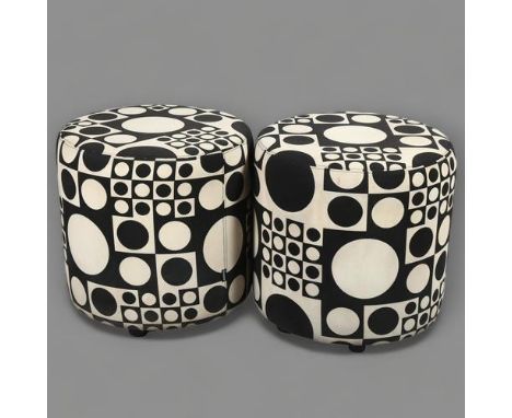 A pair of Johanson Bob stools upholstered with Verner Panton Geometri fabric, with maker’s labels, height 43cm, diameter 43cm