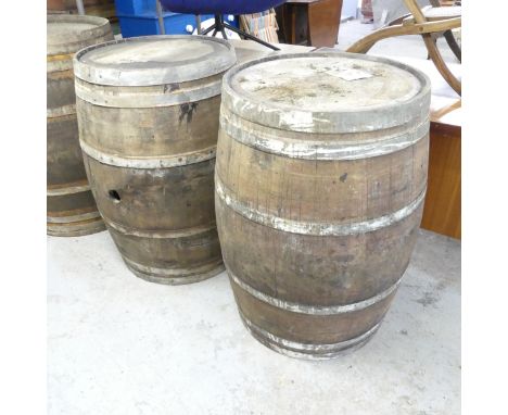 A pair of vintage coopered oak barrels. Marked "Wine Makers cooperage, American Oak, Minnesota, Medium + Toast, Tete Chauffe"