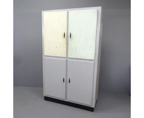 A mid century grey painted 4-door larder cupboard, with shelf fitted interior. 110x180x45cm 