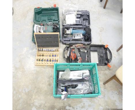 A Bosche POF 1400 ace router, and erbauer biscuit jointer, a Black and Decker mouse sander and a box of accessories. 