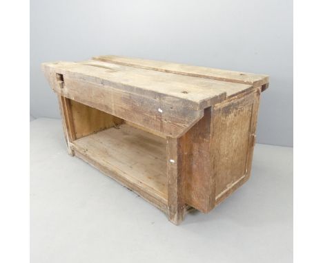 A vintage pine two-tier workbench with end cupboards (lacking vice). 160x79x68cm. 