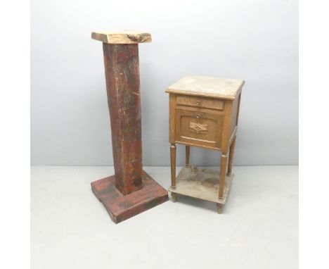 A continental marble-top oak pot cupboard with carved decoration and ceramic interior, 37x80cm, and a driftwood pedestal, hei