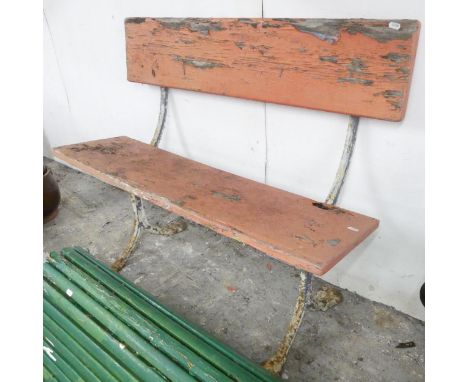 A vintage painted wooden garden bench on metal frame. 102x83x43cm.Seat detatched from frame, and rotten. 