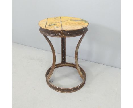 A vintage industrial style side table with painted top. 33x47cm. 