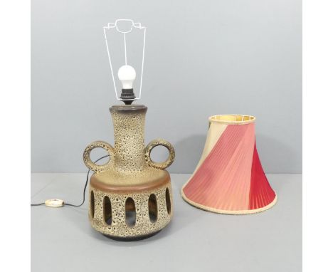 A mid-century West Germany pottery floor lamp, with associated vintage shade. Height to bayonet 50cm, diameter 35cm.Both bulb
