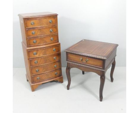 A reproduction mahogany seven drawer bedside chest-on-chest in one section, 46x95x34cm, and a modern mahogany square-topped l