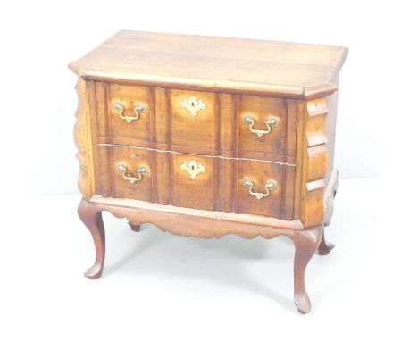A French 19th century style oak and mahogany commode chest of two drawers. 81x76x46cm. 