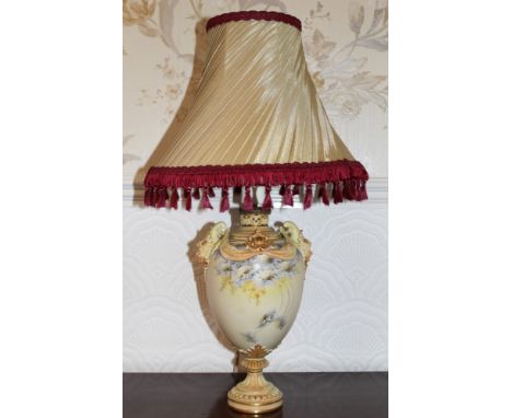 Early twentieth century Worcester blush ivory vase with painted floral decoration, later converted to a lamp, vase 28cm high 