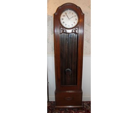 1930s / 1940s longcase clock with silvered dial, with chiming and striking movement in oak case, 194cm high 