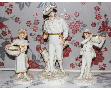 Royal Worcester blush ivory figure of a harvester, 38cm high, together with another similar smaller pair (3)  CONDITION REPOR