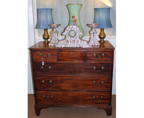George III mahogany and line-inlaid chest of three short and three long drawers with brass handles, on bracket feet