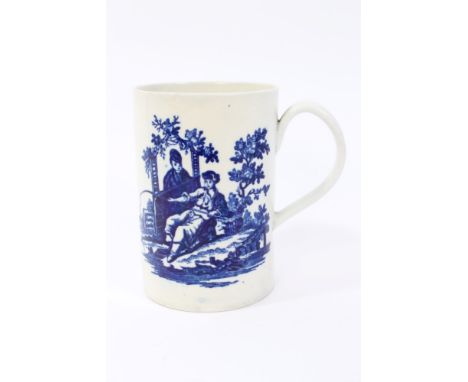18th century Worcester blue and white porcelain tankard, transfer decorated in the La Peche pattern with strap handle, cresce