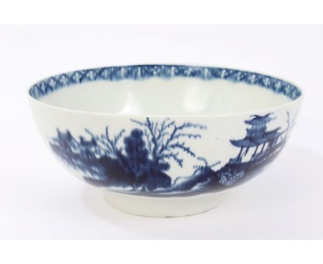 18th century Worcester blue and white porcelain punch bowl decorated with the Precipice pattern, crescent mark, 23cm diameter