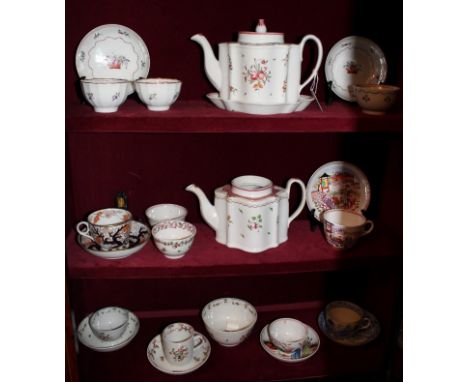 Collection of late eighteenth / early nineteenth century Newhall porcelain teawares to include teapot and cover on stand, a f