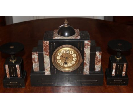 Victorian slate and marble clock garniture, another Victorian slate mantel clock, Edwardian mahogany mantel clock in lancet s