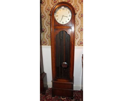1940s longcase clock with silvered dial, striking on chimes, in oak case, 184cm high  