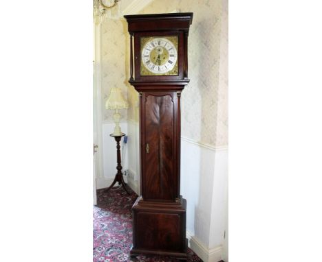 Mid-eighteenth century mahogany longcase clock with square brass dial with silver chapter ring and date aperture, twin chain 