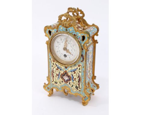 Late nineteenth / early twentieth century French mantel clock in ornate champlevé enamel case on powder blue ground, with pai