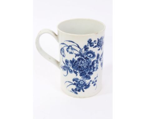 18th century Worcester blue and white porcelain tankard decorated with floral bouquets, crescent mark, 13cm high CONDITION RE