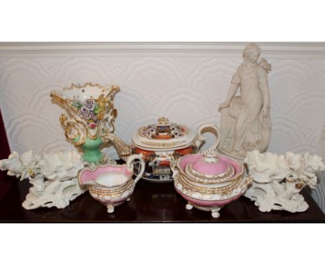 Early nineteenth century Derby Imari pattern teapot and cover on stand, together with a Coalport-style floral encrusted vase,