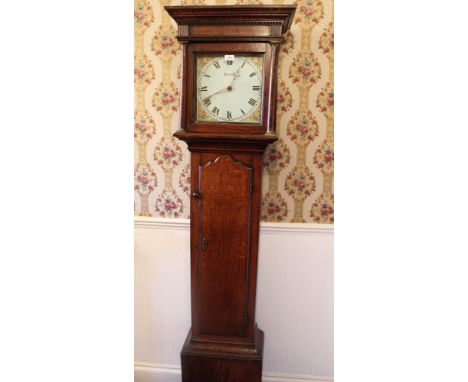 George III longcase clock with painted square dial signed Thackery, single chain movement, in oak case, 200cm high 
