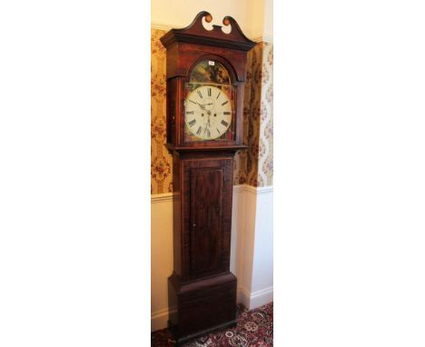 Early nineteenth century longcase clock with painted naive arched dial depicting hunting scene and seasonal spandrel, signed 