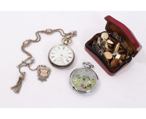 Vintage football themed fob watch together with a Victorian silver pocket watch on chain and a box of studs and cufflinks 