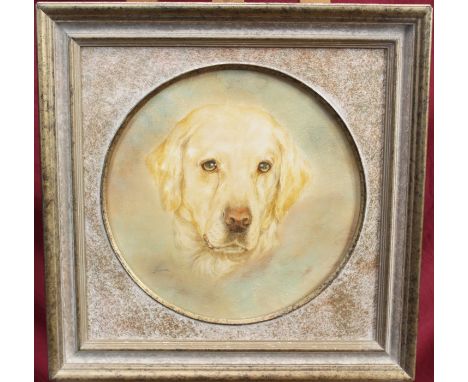 Mabel Gear (1900 - 1997), watercolour - portrait of a Golden Retriever, tondo, signed, in glazed gilt frame, 35.5cm CONDITION