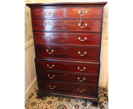 George III and later mahogany chest on chest with an arrangement of six drawers, on ogee bracket feet, 107cm wide x 54cm deep