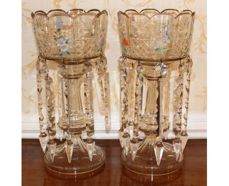 Good pair of nineteenth century cut glass and polychrome enamelled lustres with floral reserves and prismatic drops on hollow