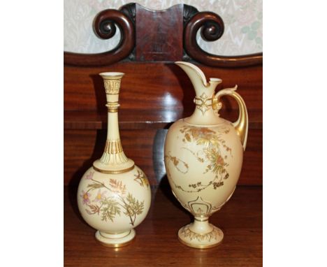 Royal Worcester blush ivory bulbous vase with slender neck and decorated with floral sprigs, 33cm high, together with another