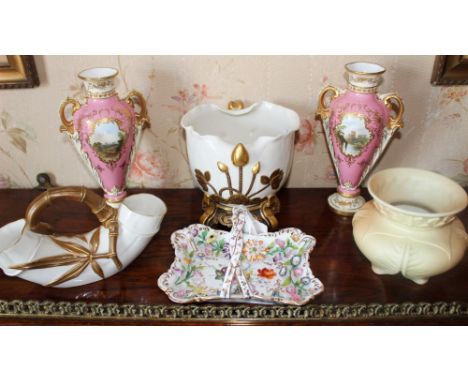 Group of decorative English porcelain to include pair of Coalport vases with hand-painted ornament, a floral encrusted Coalpo