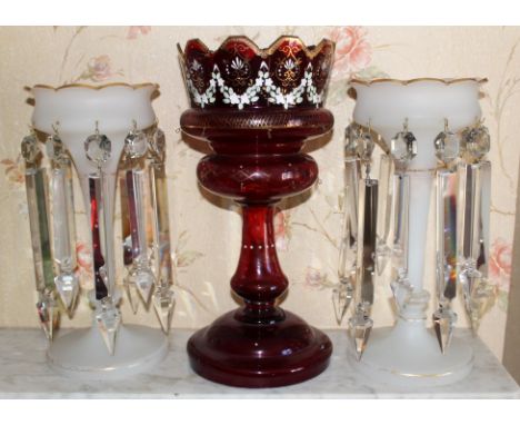 Pair of Victorian opaque glass lustres with gilt line detail and prismatic drops, 31cm high, together with a Victorian ruby g