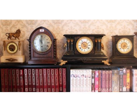 Edwardian oak mantel clock in lancet shaped case with silvered dial, late Victorian slate mantel clock, a Victorian architect