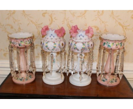 Pair of Victorian milk glass and enamelled lustres decorated with polychrome garlands with prismatic drops, 33cm high, togeth