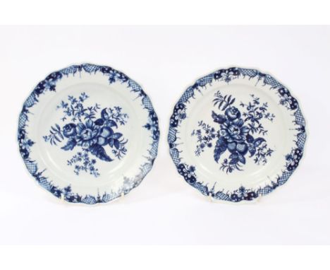 Two similar 18th century Worcester blue and white porcelain plates decorated in the Pine Cone pattern, crescent marks, 22cm d