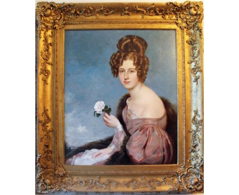 Early Victorian English school oil on canvas - portrait of a lady holding a rose, in gilt frame, 73cm x 62cm 