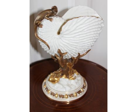 Royal Worcester blushed ivory nautilus-form spill vase with gilt lizard ornament, 23cm high  CONDITION REPORT Overall wear to