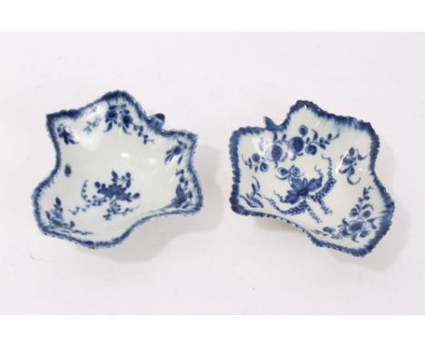 Two similar 18th century Worcester blue and white vine leaf porcelain pickle dishes decorated with floral ornament, moulded t