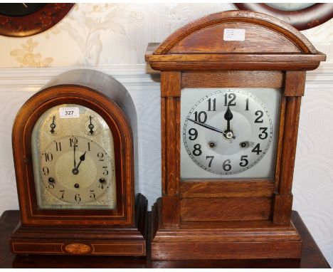 Early twentieth century inlaid mahogany bracket clock with silvered dial and striking and chiming movement, 37cm high, togeth