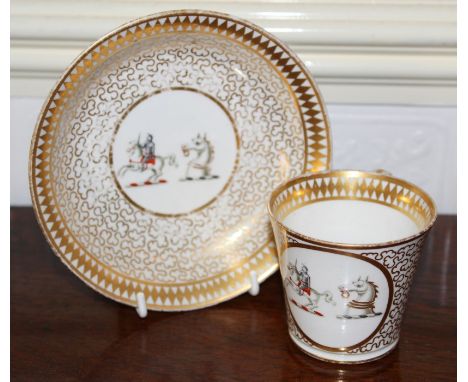 Early nineteenth century Chamberlain's Worcester porcelain cup and saucer with twin armorials on gilt scroll ground CONDITION