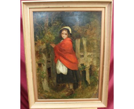 English School (late 19th century), oil on canvas - Girl in a red cloak, 88cm x 55cm, framed
