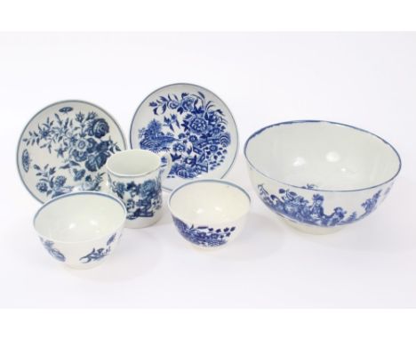 18th century Worcester blue and white porcelain slop bowl transfer-decorated with Oriental figures in a garden, 16cm diameter